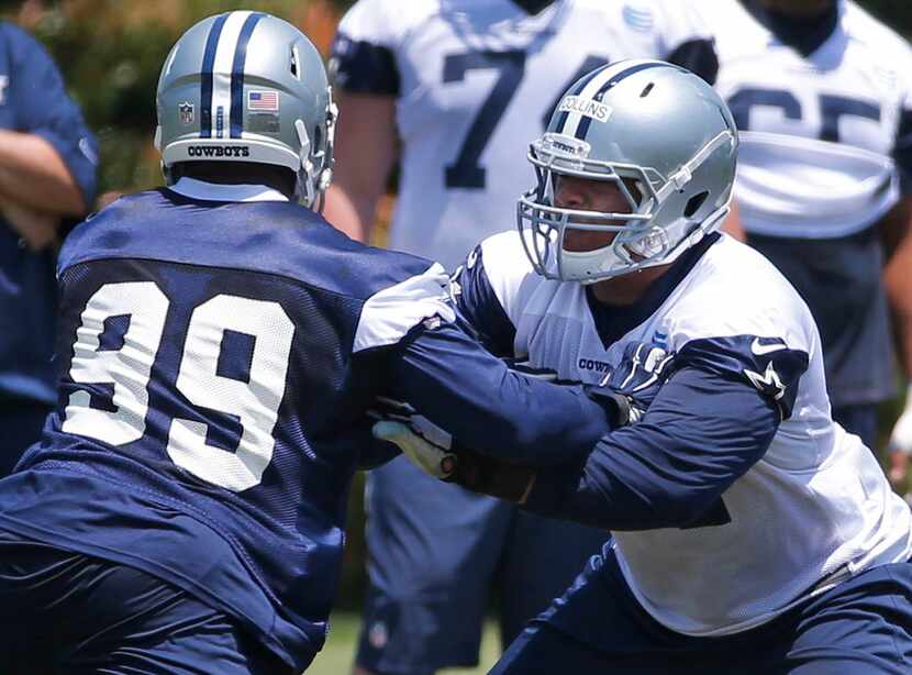 Dallas Cowboys offensive lineman La'el Collins (71) works against defensive end Ryan Russell...