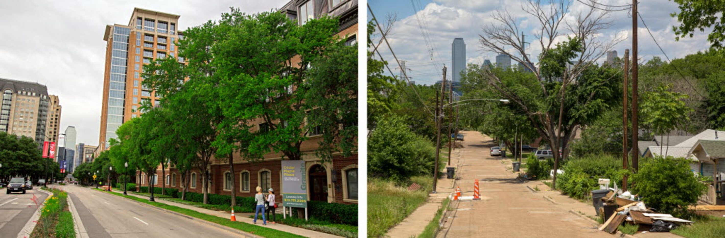 The downtown Dallas skyline as seen from Uptown (left) and South Dallas, off Canyon Drive. 