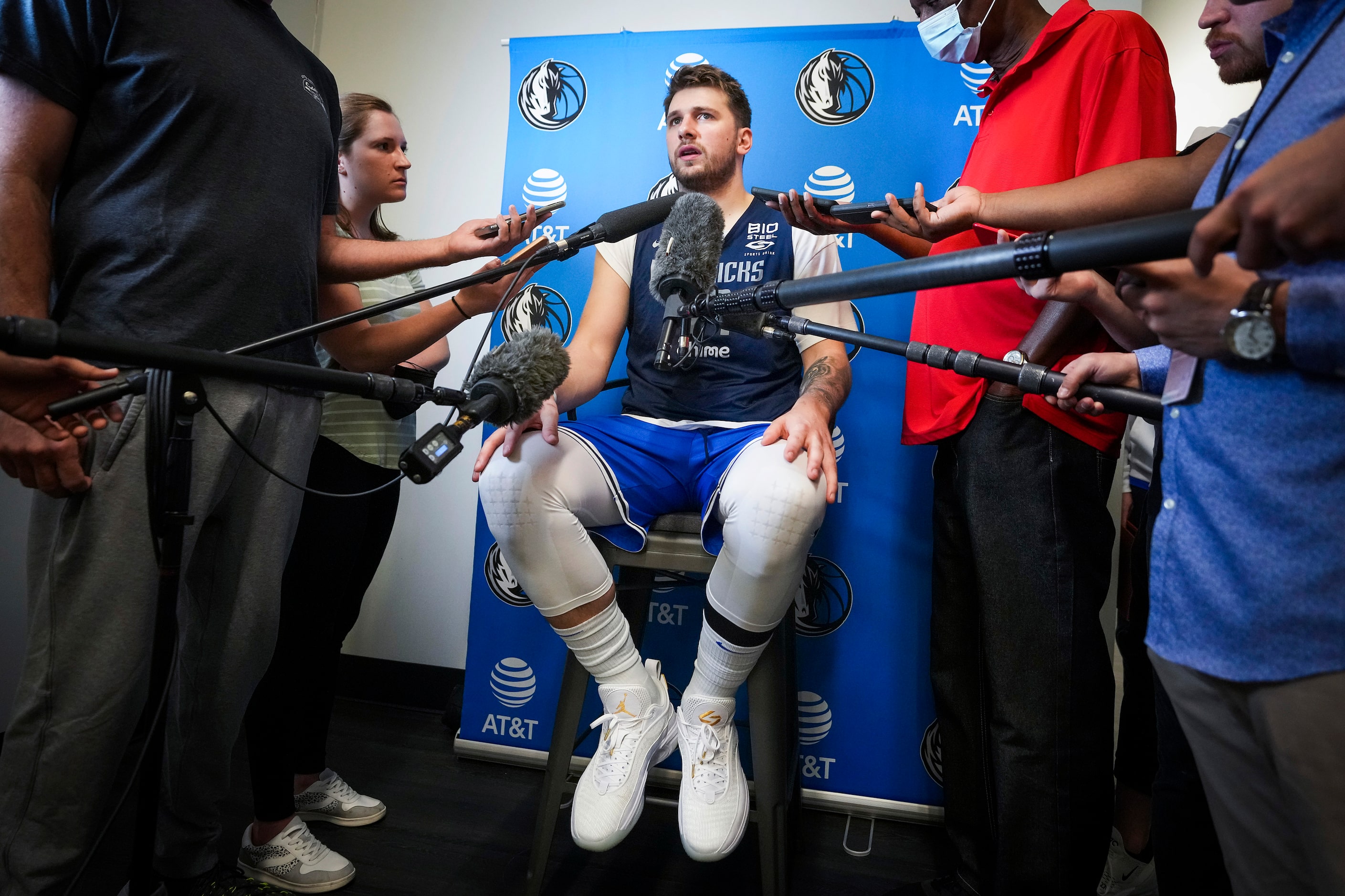 Dallas Mavericks guard Luka Doncic addresses reporters after the team practiced in...