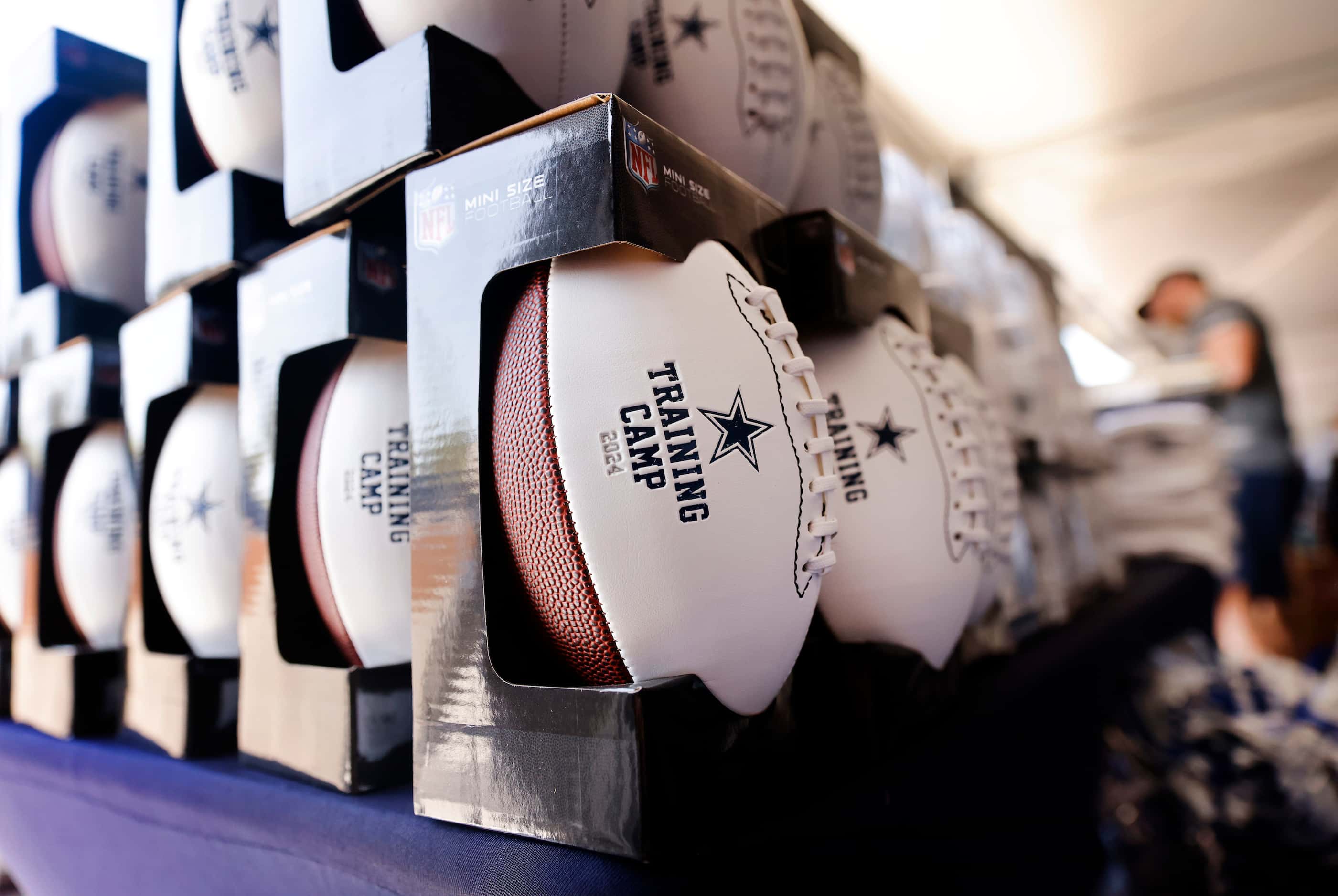 Training camp merchandise is stacked in an onsite store for the Dallas Cowboys camp at...