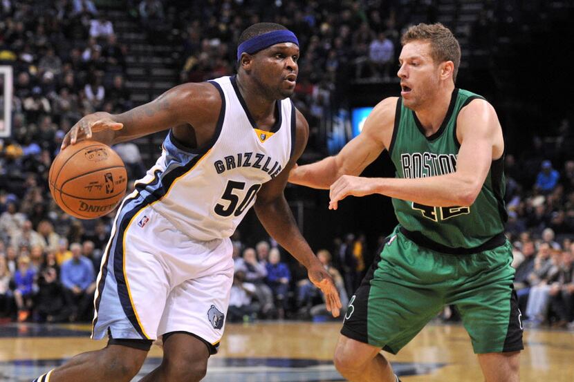 Memphis Grizzlies forward Zach Randolph (50) drives against Boston Celtics forward David Lee...