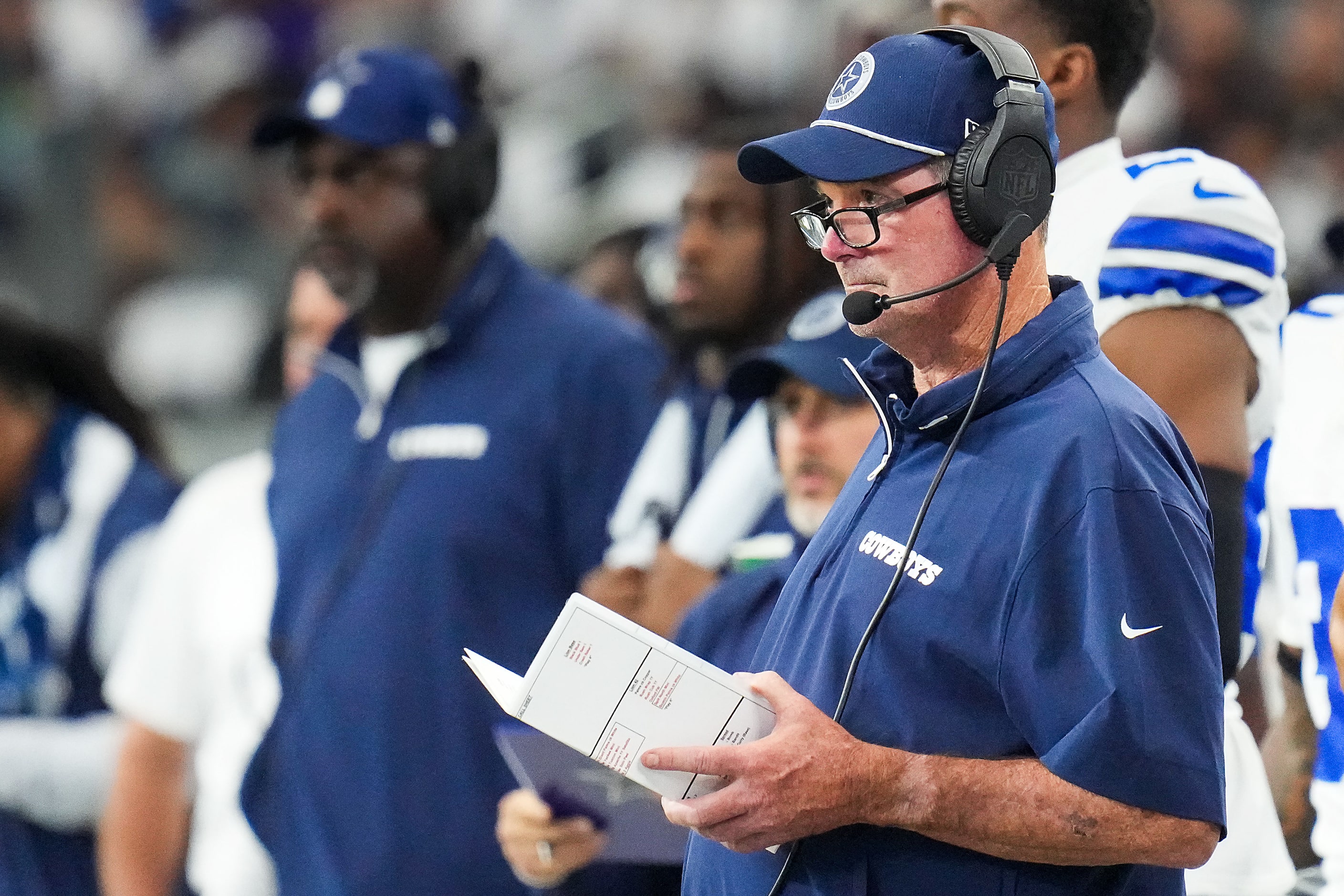 Dallas Cowboys defensive coordinator Mike Zimmer looks on during the first half an NFL...