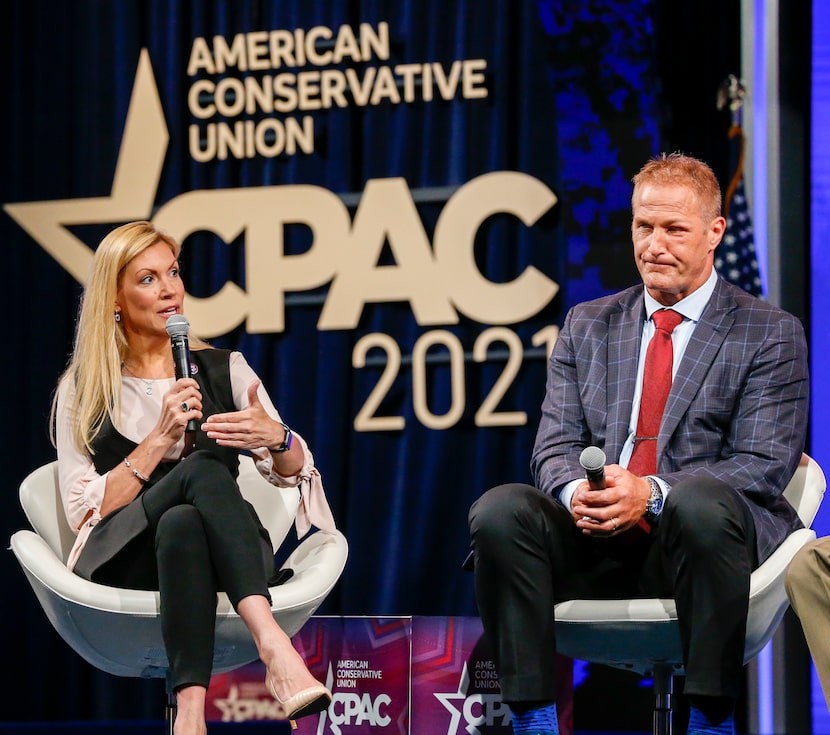 Rep. Beth Van Duyne speaks alongside former Dallas Cowboys player Chad Hennings during a...