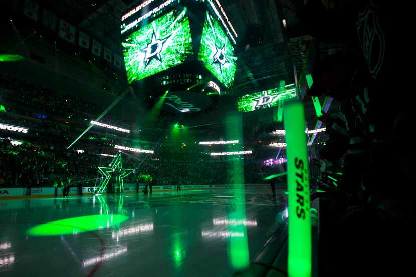 FILE - A laser light show before Game 6 of the first round of the Stanley Cup Playoffs...
