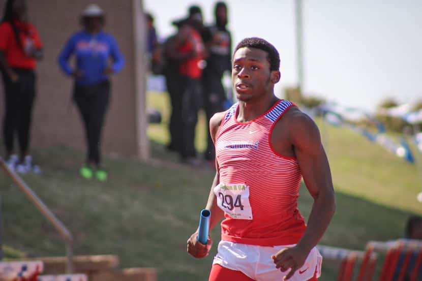 Duncanville's Sherrod Smith runs in the boys 4x400 meter relay finals at the 6A Region II...