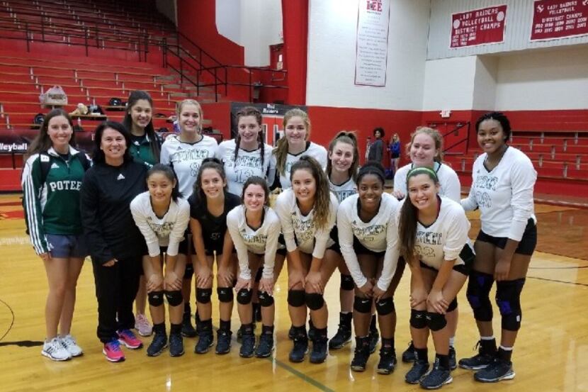 The Mesquite Poteet volleyball team celebrates the 600th career victory for coach Lisa...