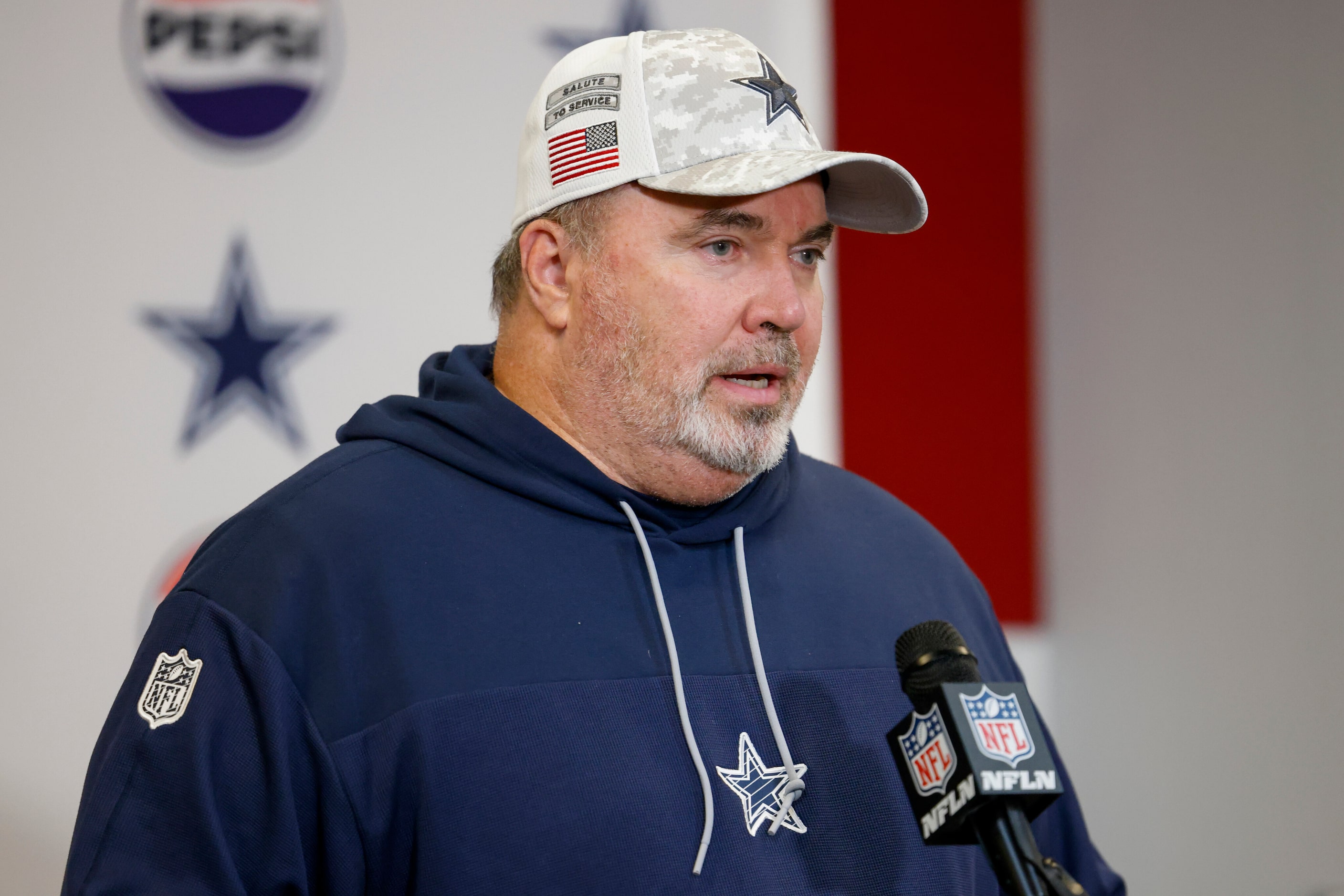 Dallas Cowboys head coach Mike McCarthy speaks during a news conference after a game against...