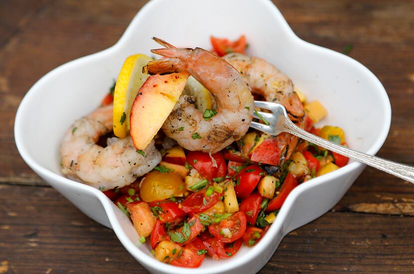 Grilled and Chilled Shrimp Cocktail with Tomato and Peach salsa 