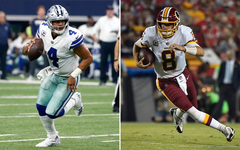 FILE - At left, in an Oct. 8, 2017, file photo, Cowboys QB Dak Prescott scrambles before...