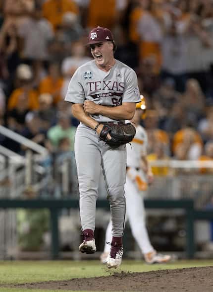 Texas A&M pitcher Evan Aschenbeck celebrates the final out in Game 1 against Tennessee in...