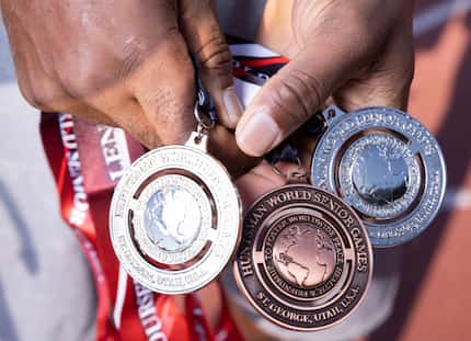 Don Drummond, 52, of Dallas holds seven gold medals and more than a dozen silver and bronze...