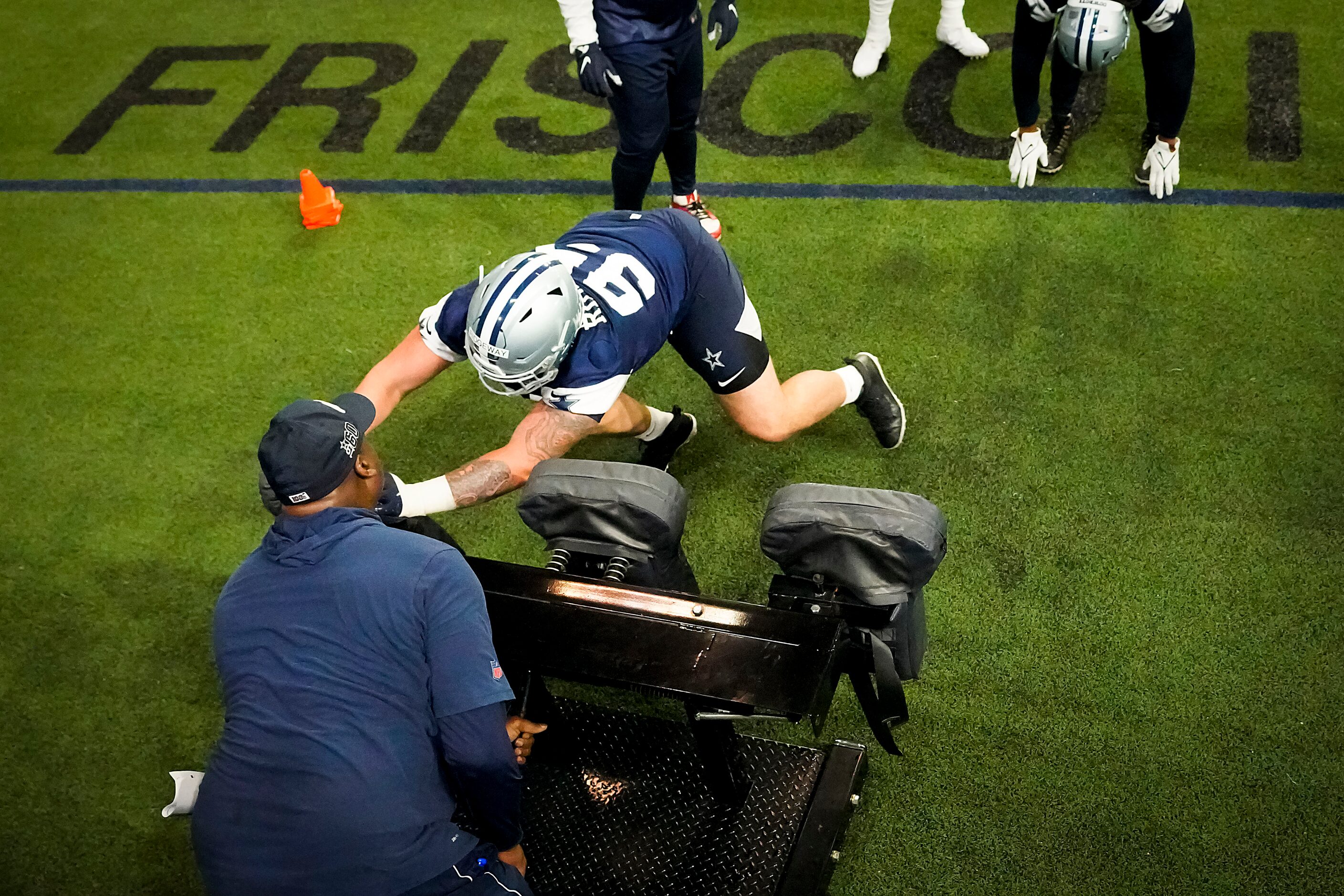 Dallas Cowboys defensive tackle John Ridgeway (95) works against a blocking sled during the...