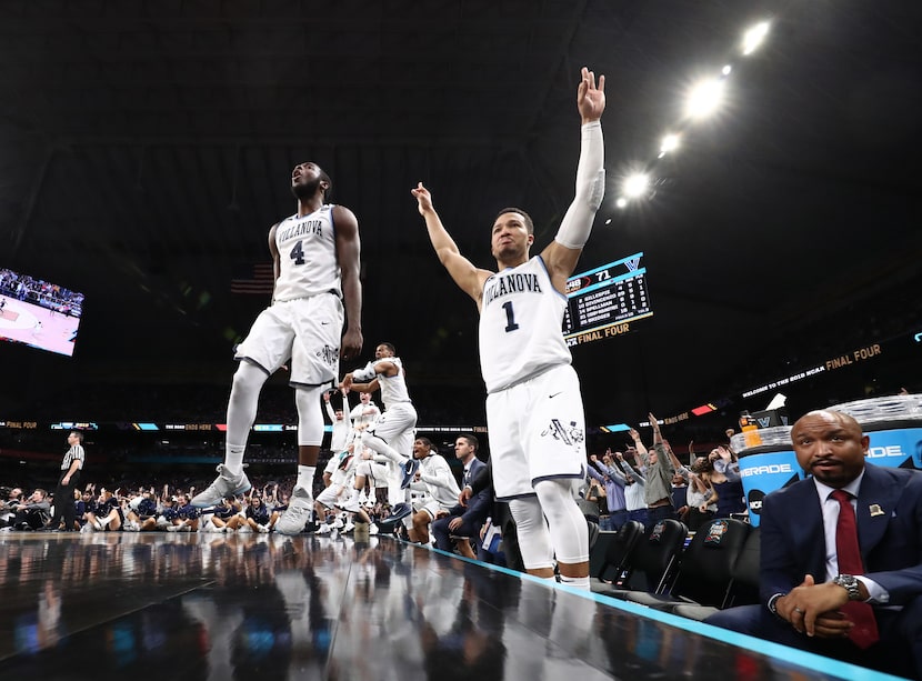 SAN ANTONIO, TX - APRIL 02: Jalen Brunson #1 and Eric Paschall #4 of the Villanova Wildcats...