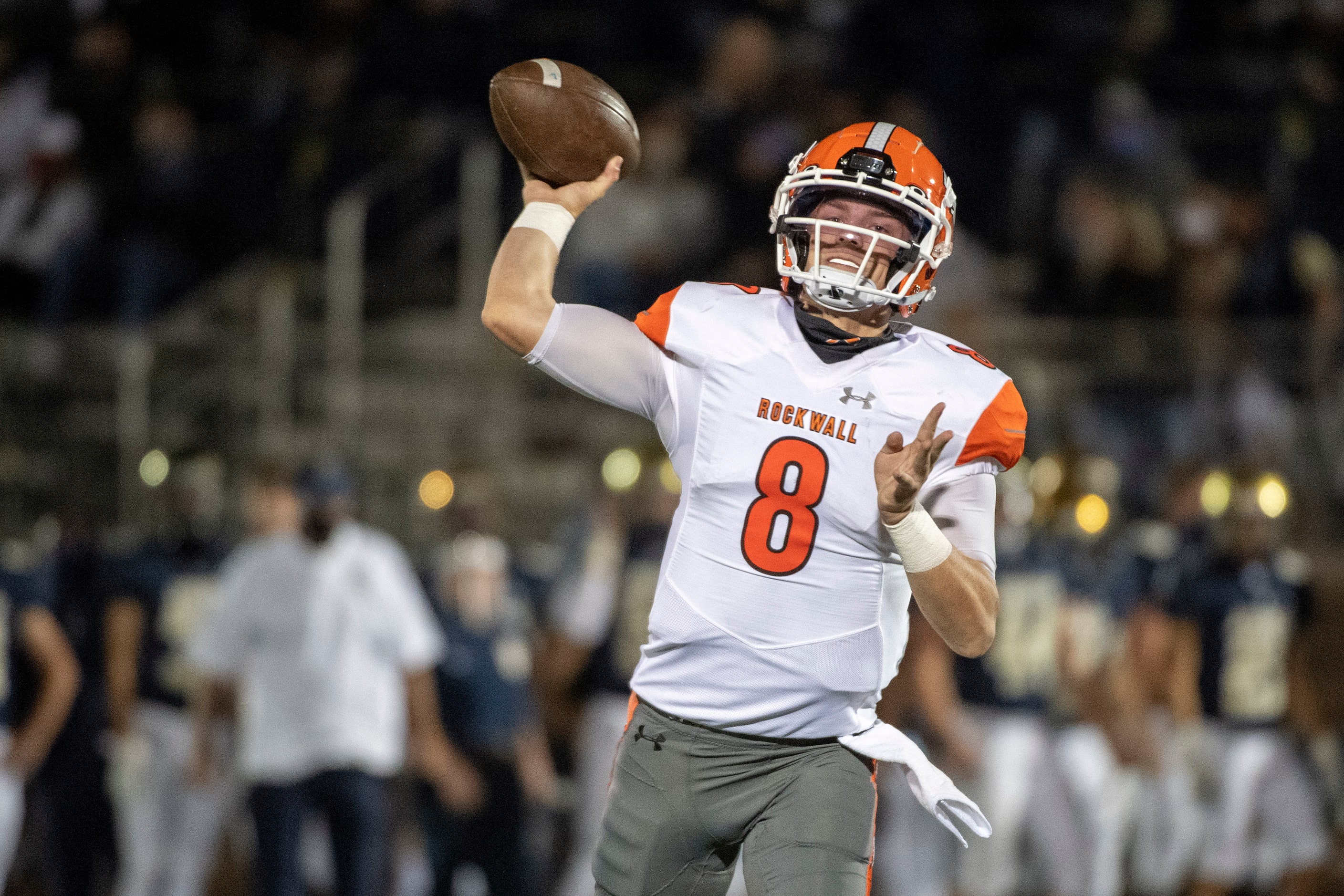 Rockwall junior quarterback Braedyn Locke (8) throws a pass during the second half of a high...