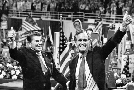 Former Gov. Ronald Reagan of California and Bush celebrate as they are nominated for the GOP...