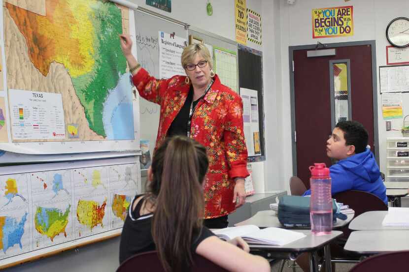 Middle school teacher Pat Dedijer in Denton taught students about Texas geography last week....