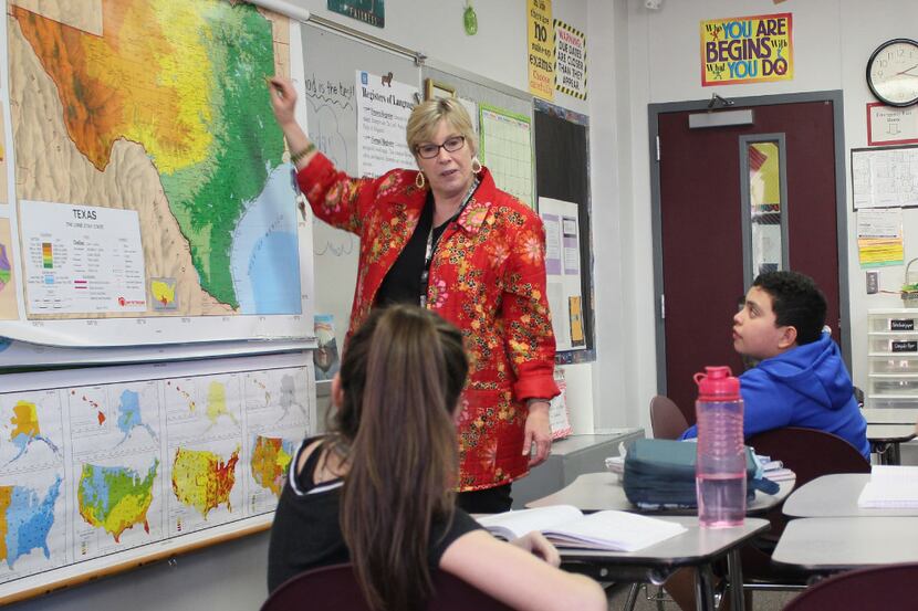 Middle school teacher Pat Dedijer in Denton taught students about Texas geography last week....