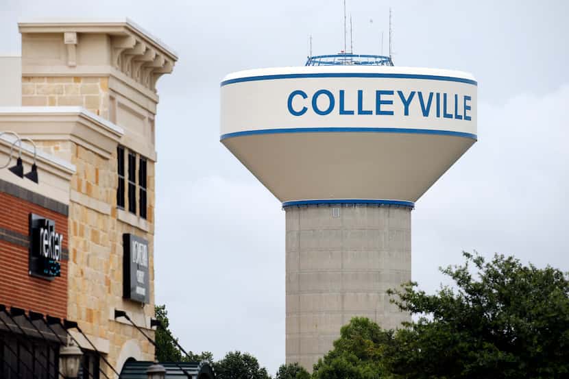 A Colleyville water tower is pictured near a shopping center on June 23, 2020.