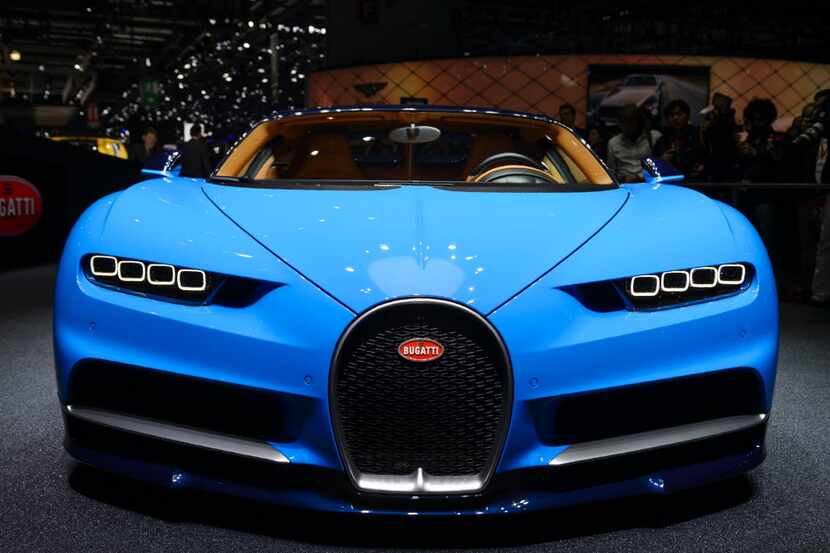 A Bugatti Chiron car model is displayed during the press day of the Geneva Motor Show on...