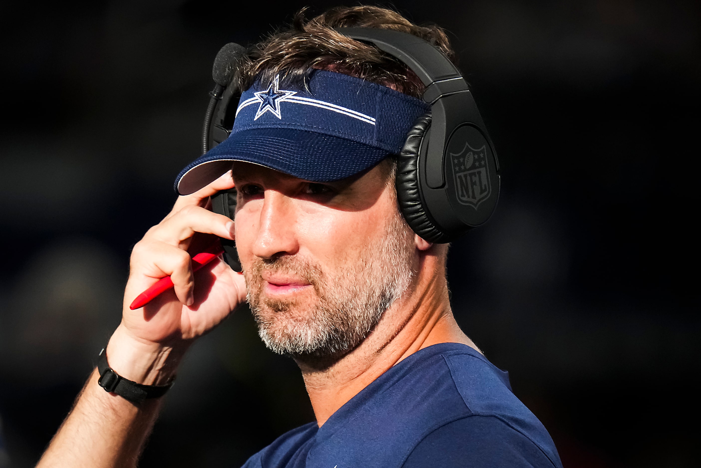 Dallas Cowboys offensive coordinator Brian Shottenheimer watches from the sidelines during...