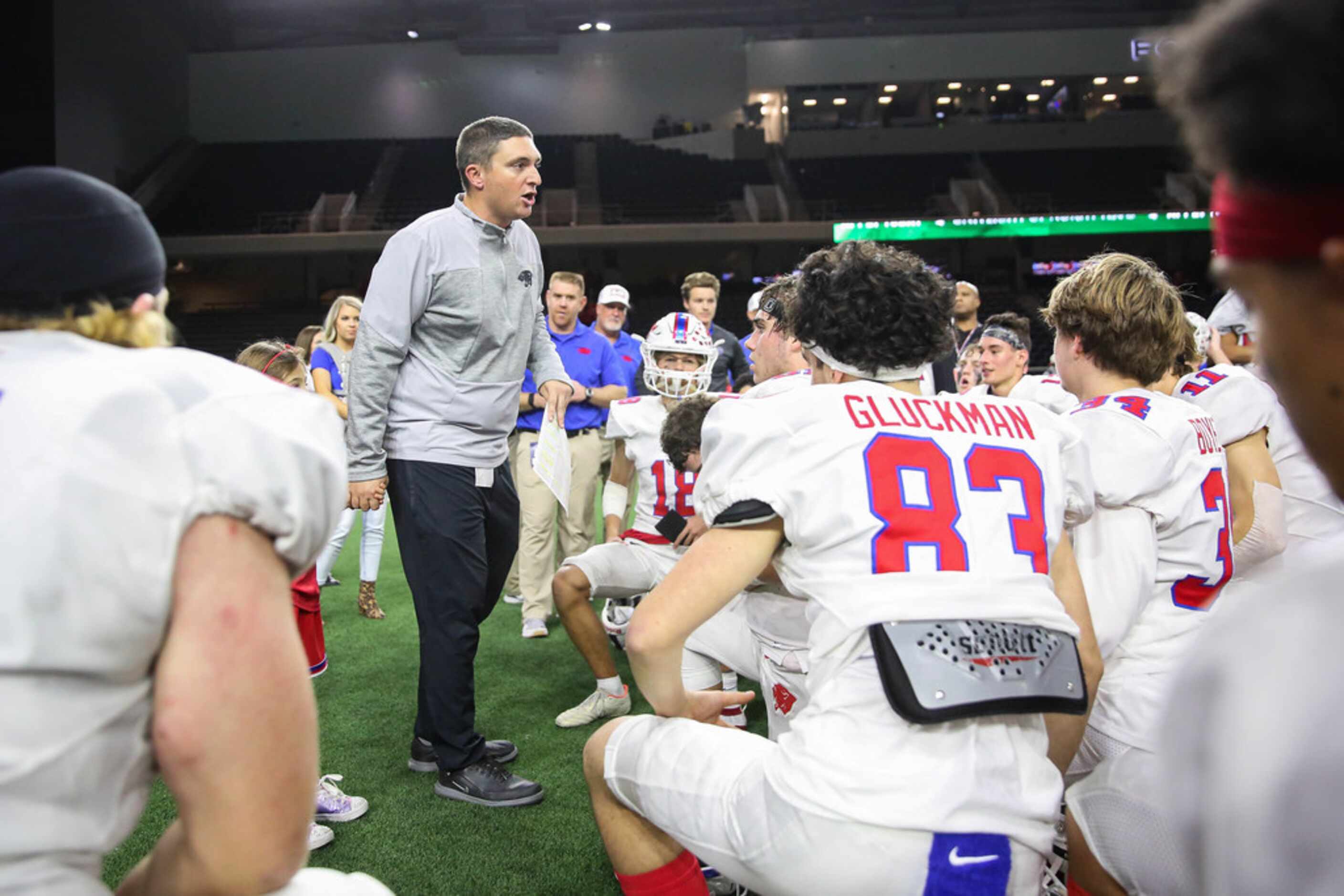 Parish EpiscopalÃs coach Daniel Novakov gives a pep talk after winning a TAPPS Division I...