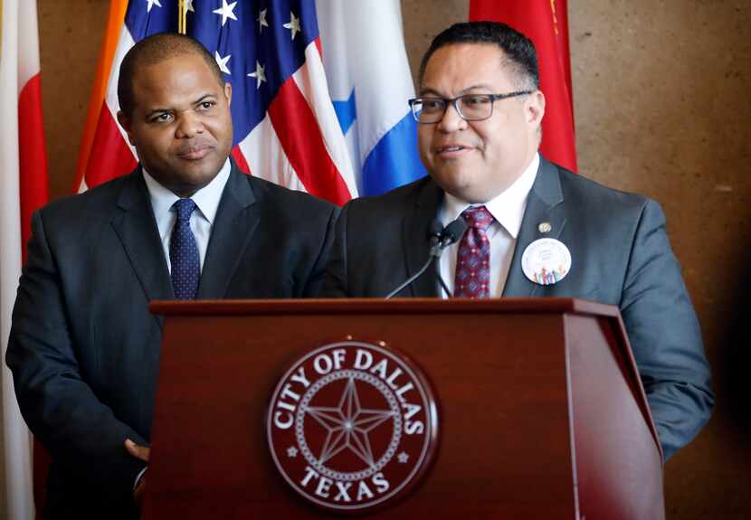 Dallas City Council member Omar Narvaez  (at right, with Mayor Eric Johnson) believes this...