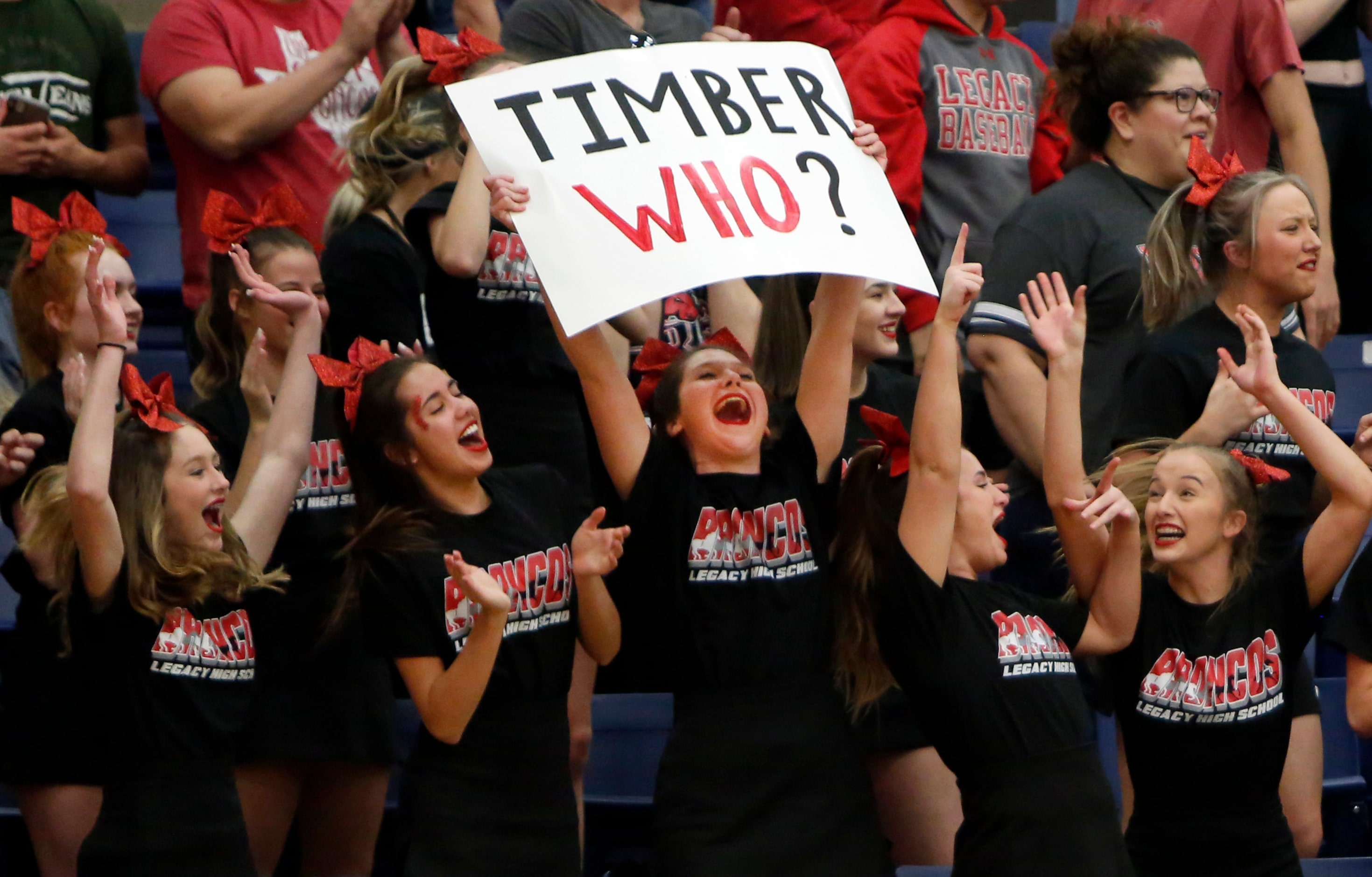 Members of the Mansfield Legacy junior varsity cheerleaders squad hit a fevered pitch as the...