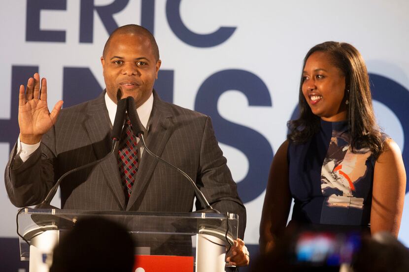 Eric Johnson was joined by his wife, Nikita Johnson, as he spoke during his victory party...