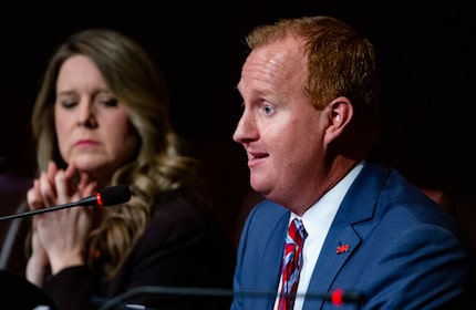 Mayor Jeff Cheney makes remarks during a Frisco City Council meeting at George A. Purefoy...