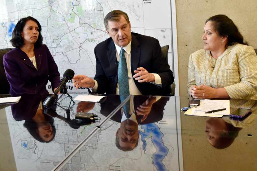 Liz Cedillo-Pereira (left), Mayor Mike Rawlings and Dallas Mayor Pro Tem Monica Alonzo. (Ben...