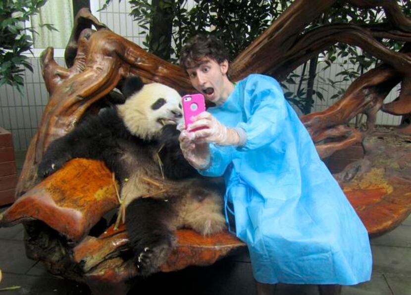 
Gaba takes a photo with a panda at the Chengdu Research Base of Giant Panda Breeding in...