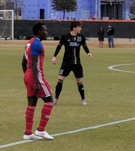 Francis Atuahene looks back toward midfield against Tulsa.  (1-27-18)