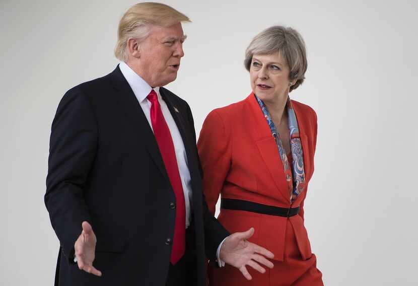 President Donald Trump, walking her with British Prime Minister Theresa May, touted on...