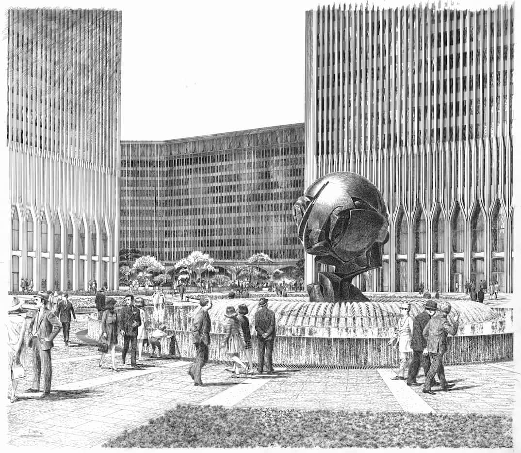 The late architectural illustrator Carlos Diniz called this drawing the  Plaza View of the...