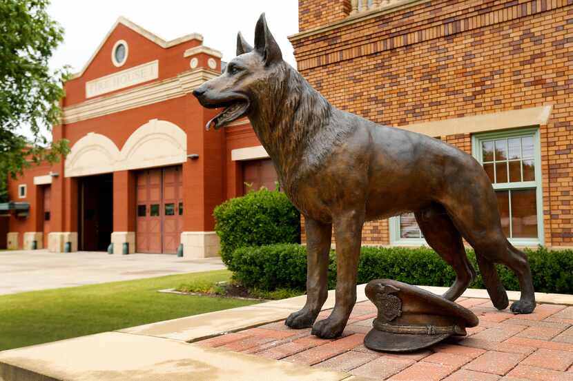 A bronze sculpture of a K-9 German shepard stands outside the Southlake Department of Public...