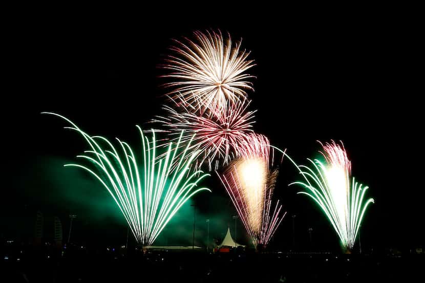 Fireworks exploded during Market Street Allen USA Celebration at Celebration Park in Allen...