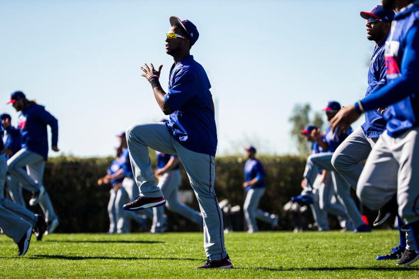 Texas Rangers players during a spring training workout at the team's training facility on...