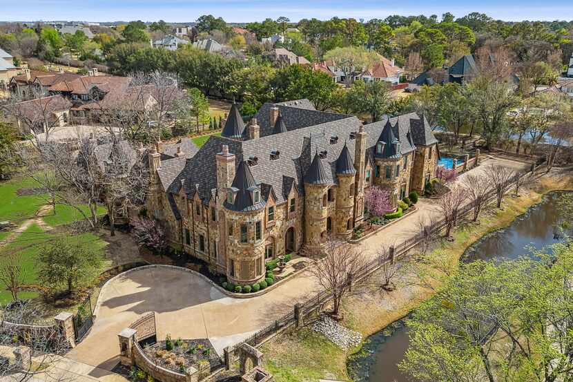A seven-bedroom, 12-bathroom private castle at 1161 La Mirada Court in Southlake is on the...