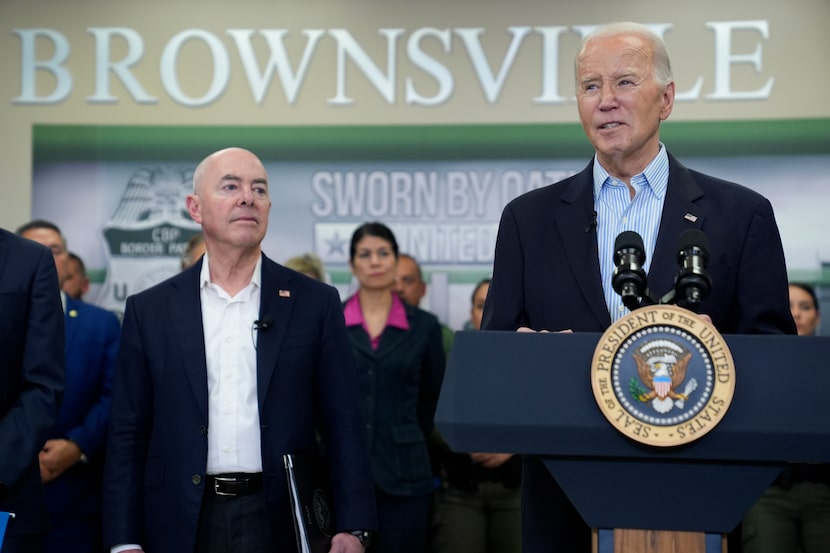 President Joe Biden delivers remarks during a visit to the southern border, Thursday, Feb....