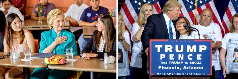 Left: Hillary Clinton discusses immigration policy in June in Sylmar, Calif., with Clara Kim...