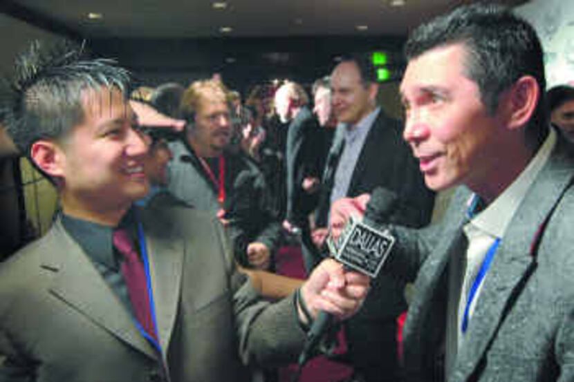 Lou Diamond Phillips (right) took a red-carpet question from Joe Huang at Friday's Dallas...