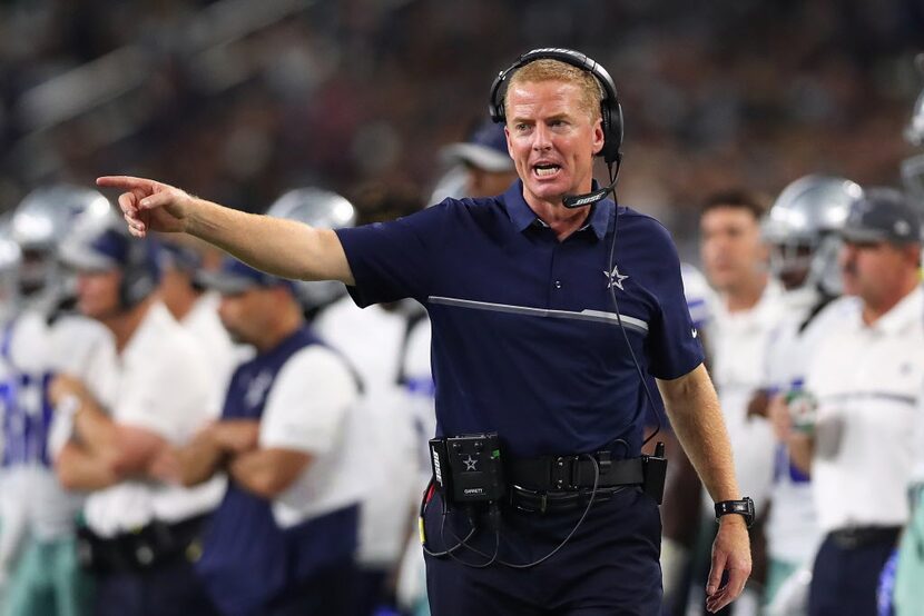 ARLINGTON, TX - OCTOBER 30:  Head coach Jason Garrett of the Dallas Cowboys looks on during...