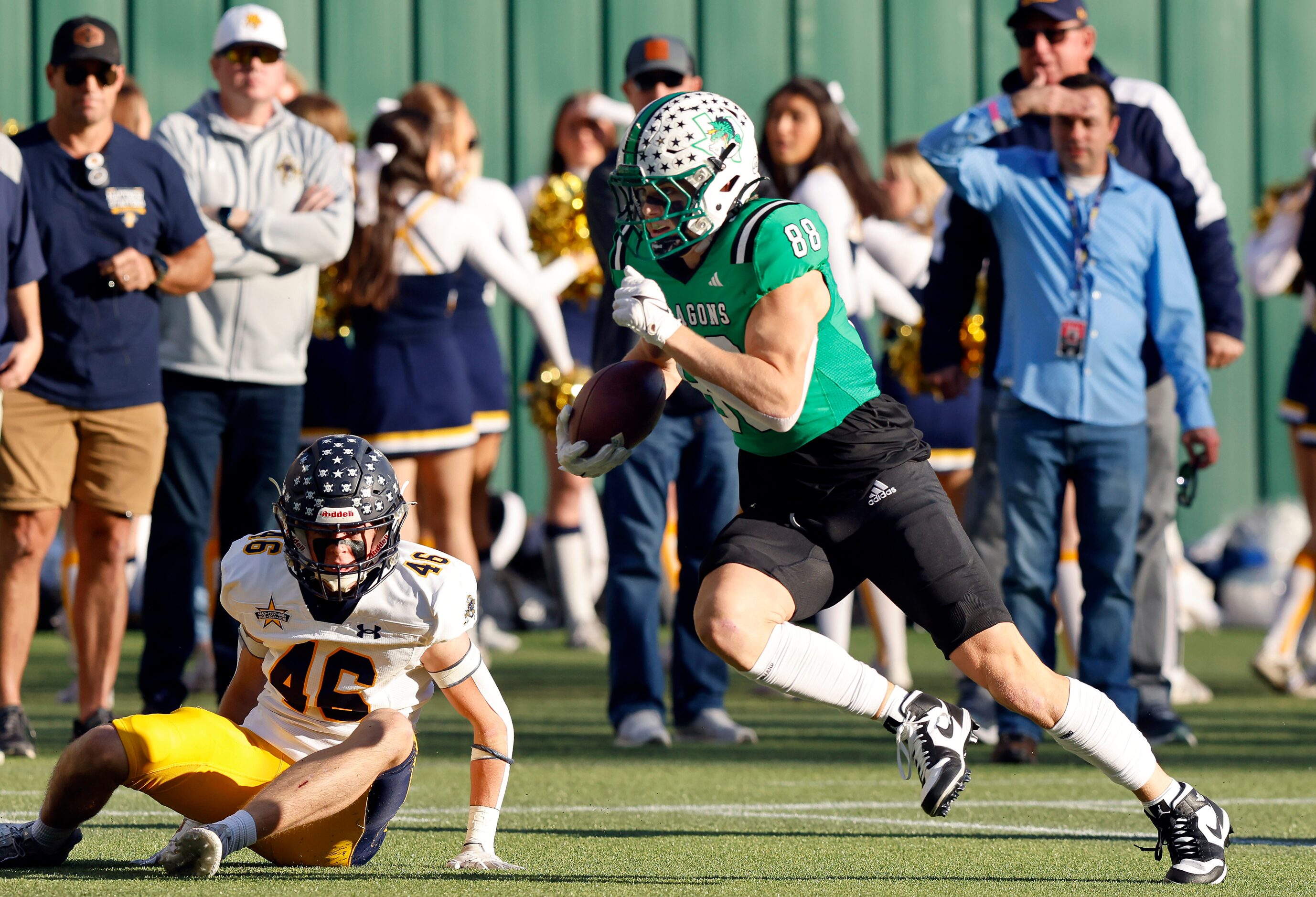 Southlake Carroll tight end Jack Van Dorselaer (88) cuts back against Highland Park safety...