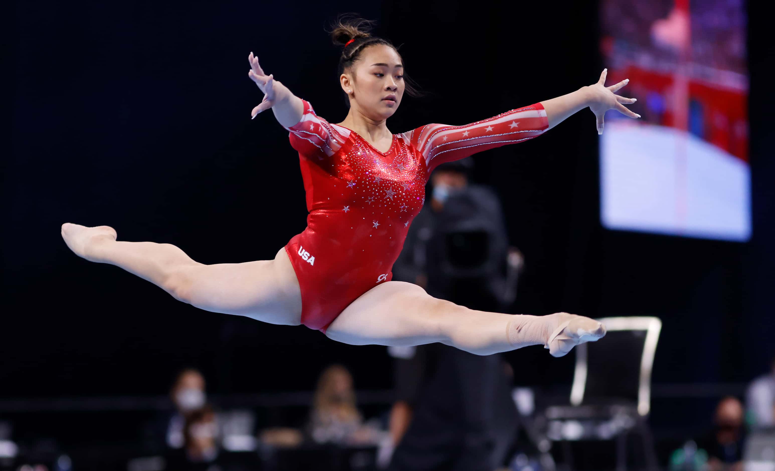 Sunisa Lee during her floor routine during day 2 of the women's 2021 U.S. Olympic Trials at...