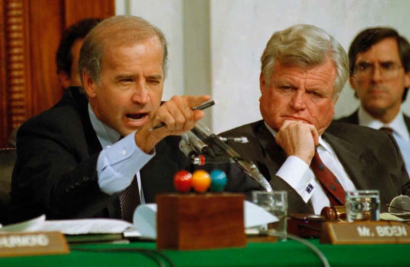In this Oct. 12, 1991, photo Senate Judiciary Committee Chairman Joe Biden, D-Del., points...