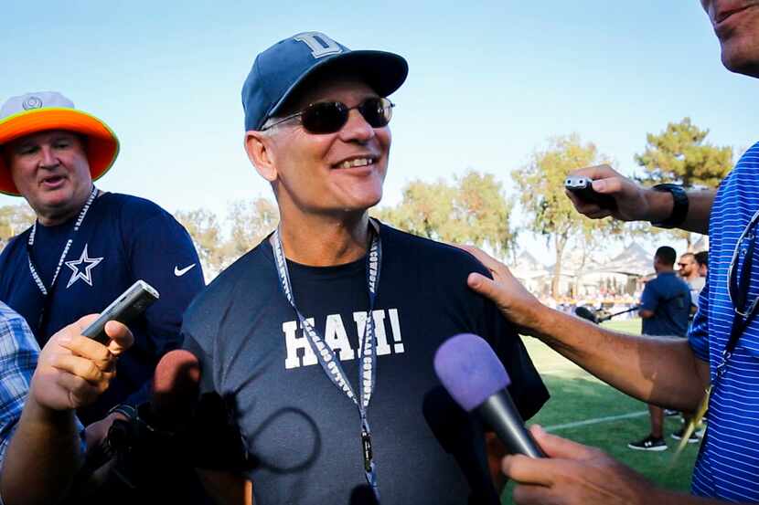 Dallas Cowboys defensive coordinator Rod Marinelli wears a t-shirt reading "HAH!" during an...