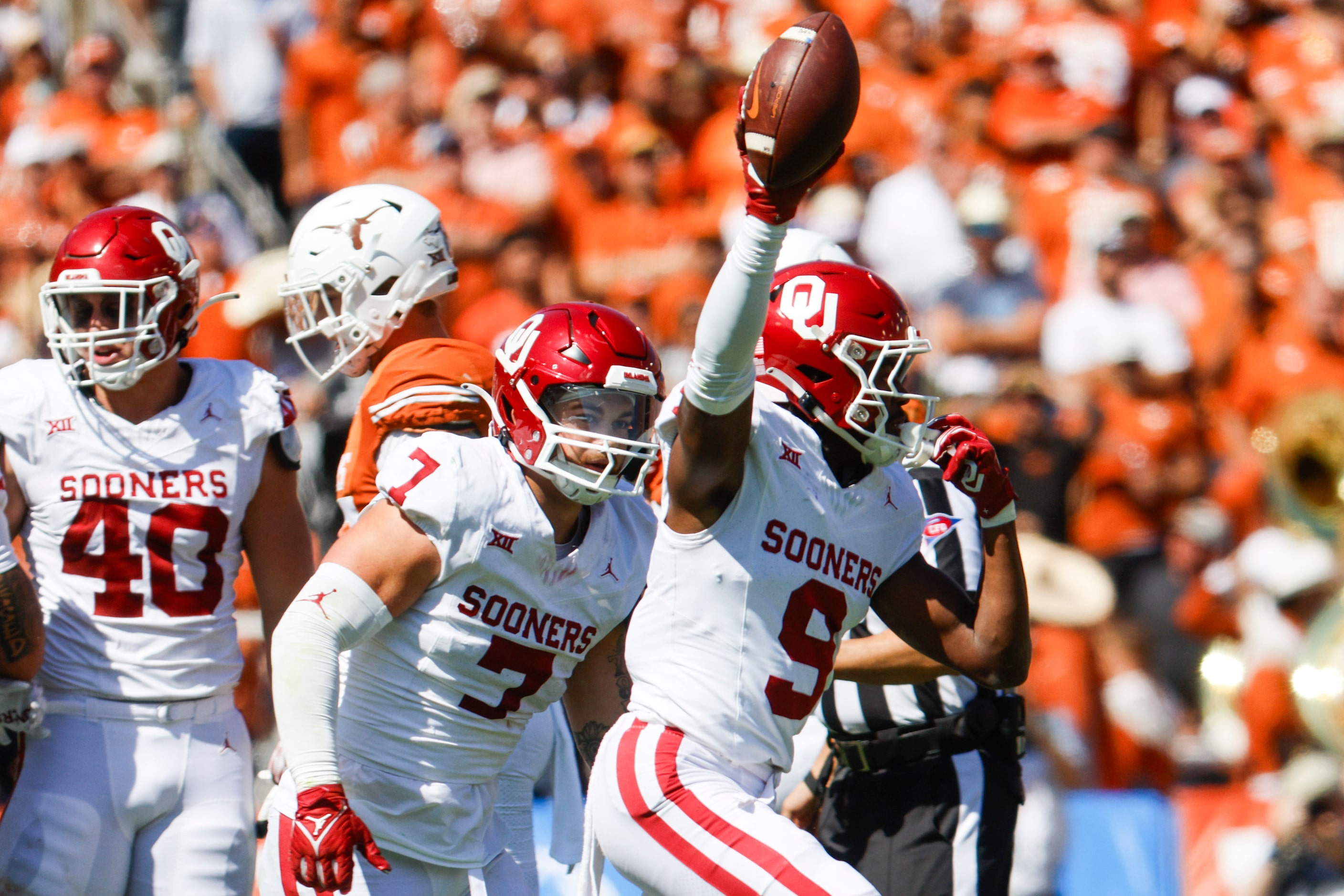 Oklahoma defensive back Gentry Williams (9) cheers after intercepting during the second half...