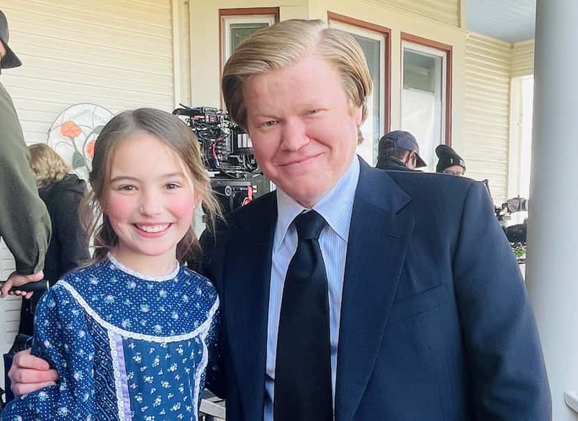 Harper Heath, a 10-year-old actor from Rockwall, poses with Jesse Plemons on the set of...
