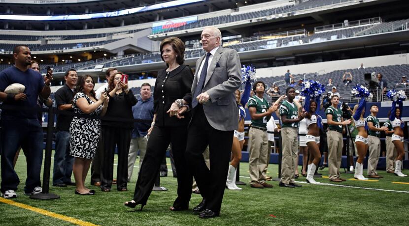 Dallas Cowboys owner Jerry Jones and his wife, Gene Jones, are introduced during a Cowboys...