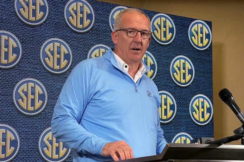 Southeastern Conference Commissioner Greg Sankey speaks to reporters during the conference's...